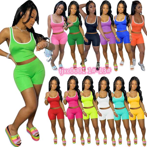 

summer women shorts 2 piece set fashion sports solid color vest shorts suit sleeveless sportswear slim shirt short pants 13 colors, White;red