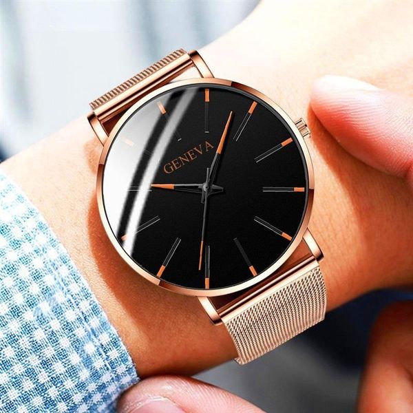 

wristwatches men rose gold watches ultra thin stainless steel mesh band quartz business montre homme horloge heren 2021, Slivery;brown