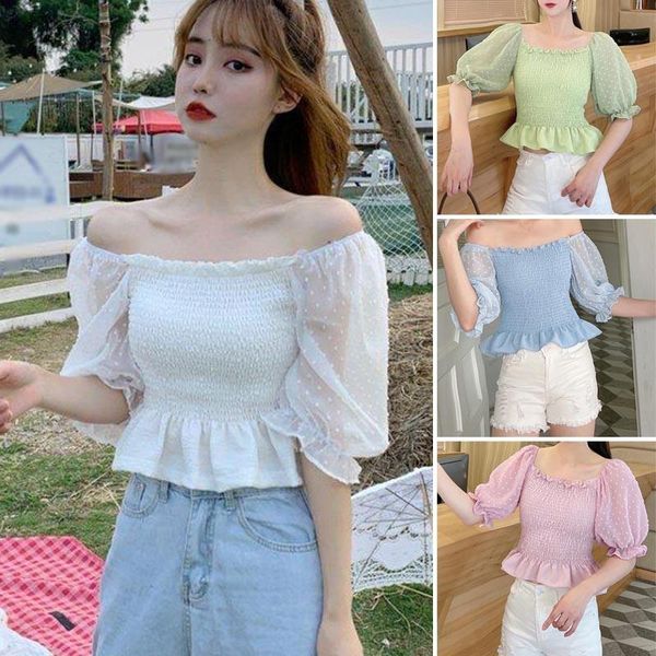 

korean version chiffon drawstring puff sleeve slim thin dots women's t-shirt, White