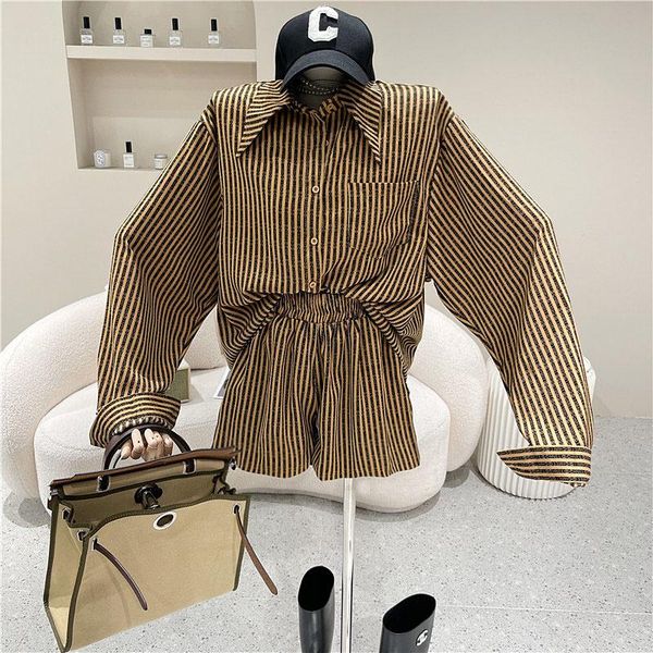 

women's tracksuits 2021 summer letter stripe long sleeve shirt + high waist wide leg shorts two 2 piece sets womens outfits set women, Gray