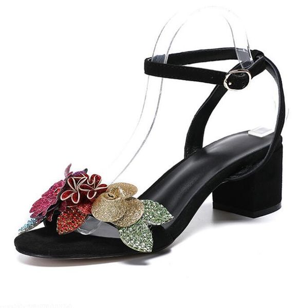 

arrive summer woman flower low chunky heel slingback sandal sandals, Black