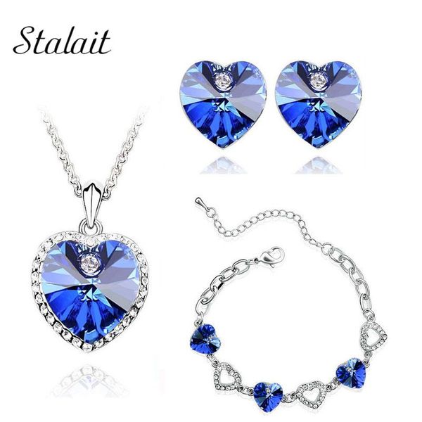 

earrings & necklace romantic blue crystal rhinestone pendant charm stud earring bracelet jewelry set for love christmas gift, Silver