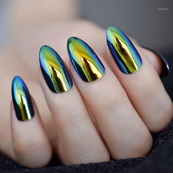 

metallic refletive mirror golden almond false fake nail chrome stilettos sharp metal acrylic artificial stiletto art tips1, Red;gold