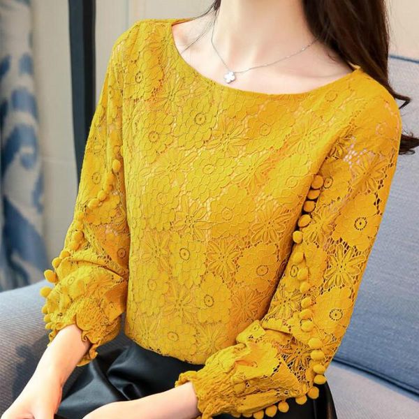 

women's blouses & shirts women white lace blouse 2021 korean flower hollow out round neck embroidered shirt