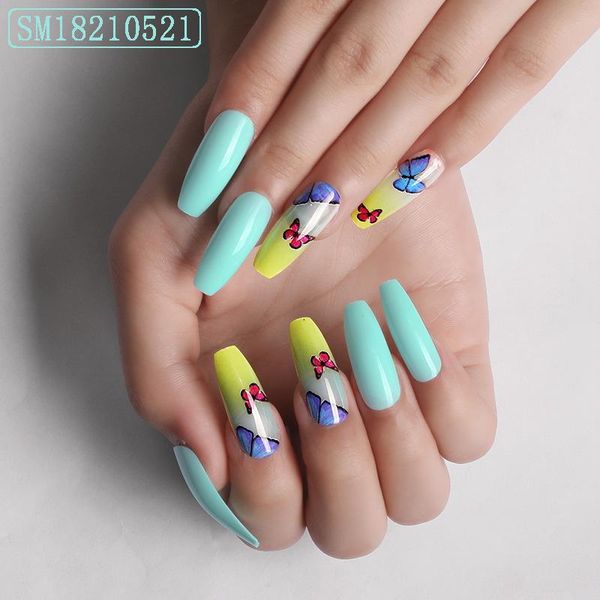 

false nails fake long light green butterfly wearing nail art stickers finished 24 with glue sttx889, Red;gold