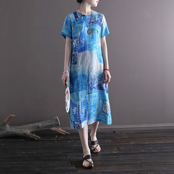 

johnature women linen vintage dresses o-neck short sleeve summer print floral a-line women chinese style dresses 210521, Black;gray