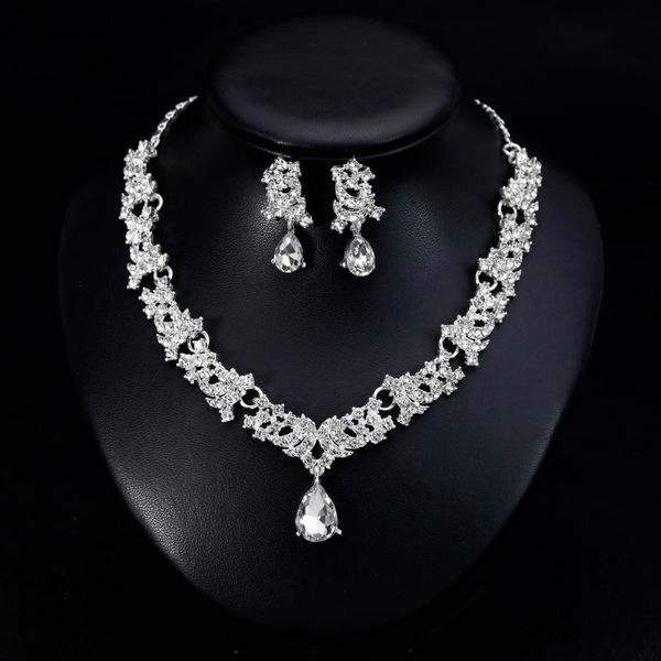 

earrings & necklace luxury bridal jewelry sets crystal water drop women fashion wedding dress accessories, Silver