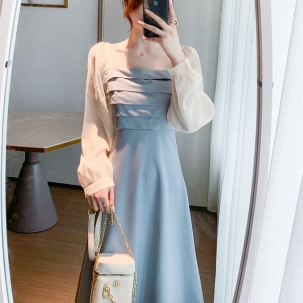 

chiffon fashion female square turtlenecks korean spring full elegant lurex dress, Black;gray