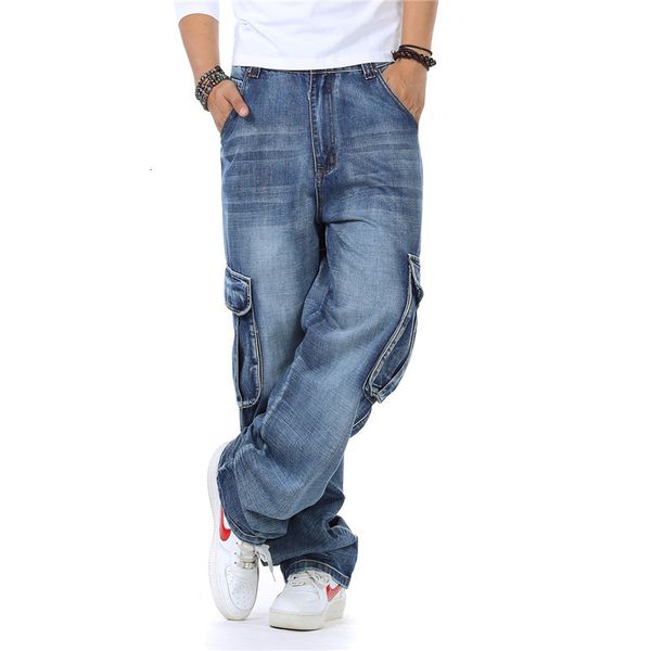 

men's japanese straight side pocket motorcycle jeans blue loose style 2021