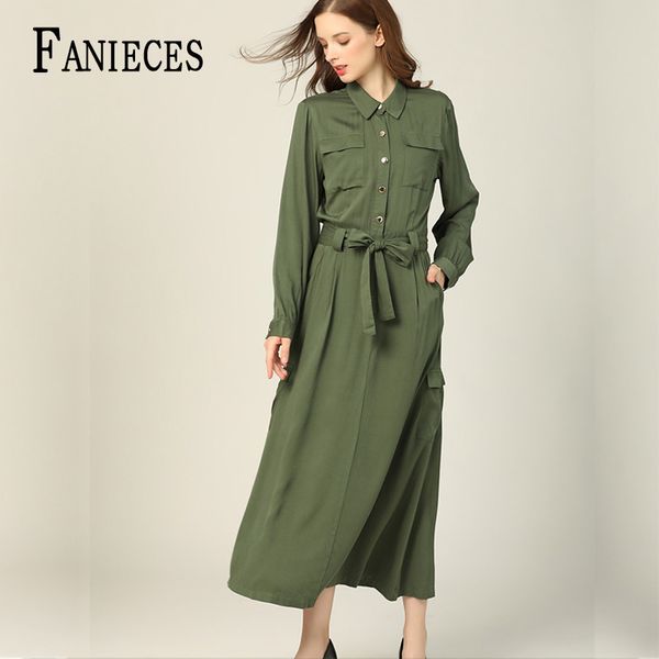 Frauen Herbst Midi Hemd Kleid Lady Wave ArmyGreen Langarm Umlegekragen Casual Lose Urlaub Kleider Plus Größe Streetwear 210520