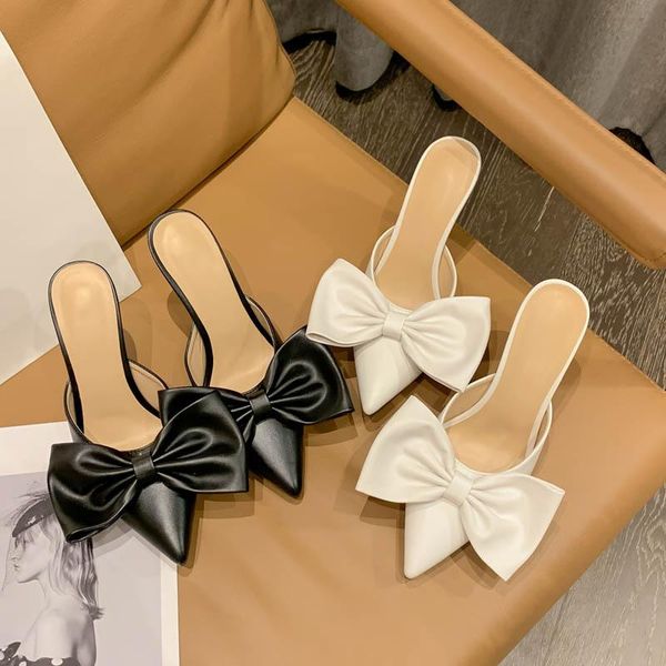 

slippers 2021 autumn pointy thin heel high bow baotou sandals and women, Black