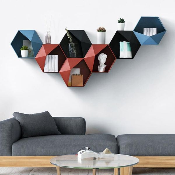

nordic living room wall-mounted geometric punch-wall decoration bathroom shelf hexagon storage rack hooks & rails