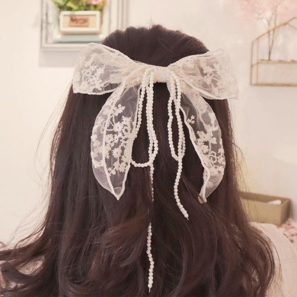 

hair accessories jingtian same lace bow hairpin pearl chain spring clip temperament horsetail sweet ornament girl, Slivery;white