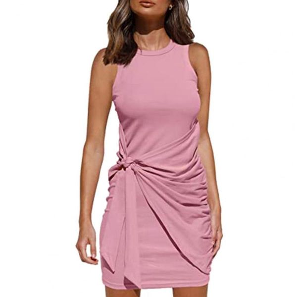 

casual dresses fashion women sleeveless round neck pleated bow belt irregular dress solid color party dresss bandage for female, Black;gray