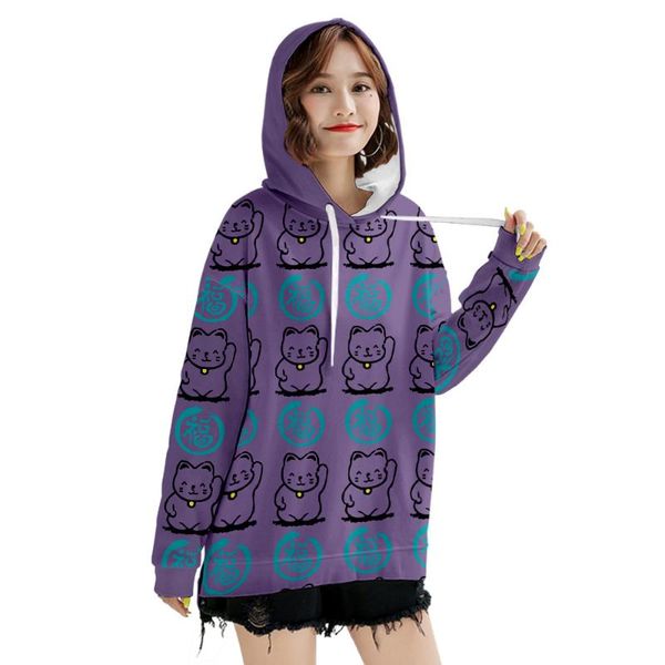 

women's hoodies & sweatshirts korean cartoon lucky cat print hoodie fashion loose long sleeve pullover streetwear patchwork leisure wo, Black