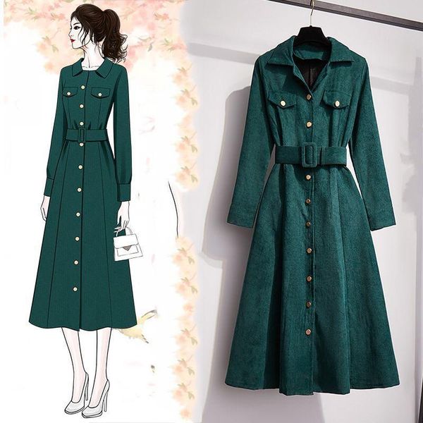 

casual dresses tooling corduroy dress female plus size 2021 spring and autumn fashion with loose waist mid-length, Black;gray