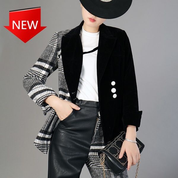

asymmetrical female suits spring fashion velvet clothing plaid blazer women's jacket sleeve, White;black