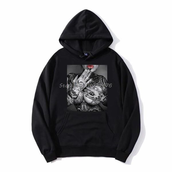 

men's hoodies & sweatshirts lips girl tattoo inked bad bitch naughty seductive pinup pin up unmen hooded sweatshirt harajuku street, Black