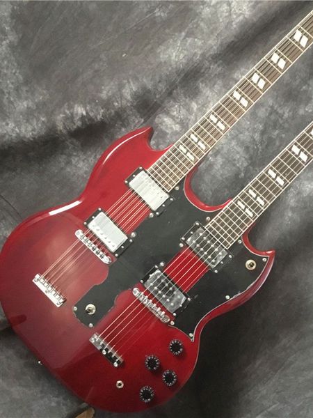 

electric guitar, double head, red wine, 12 string + 6 string, silver hardware