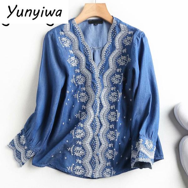 

women's blouses & shirts floral embroidery denim blouse shirt women v neck long sleeve vintage blue summer casual plus size blusas, White