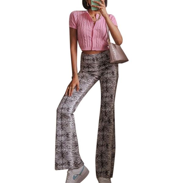 

spring women's stretch bell bottom trousers slim novelty striped printed high waist fashion long flared pants & capris, Black;white