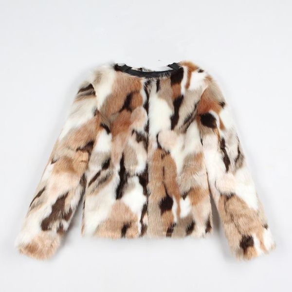 

women's fur & faux 0690 winter imitation coat large size ladies style round collar short mixed color coats and jackets women, Black