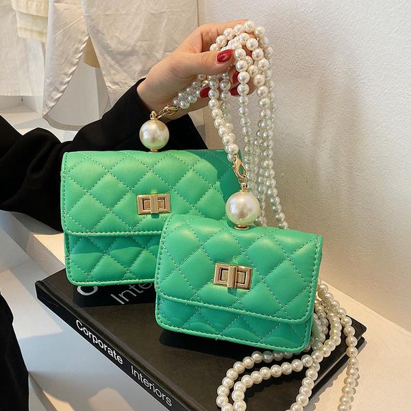 

cross body lattice mini flap crossbody bag 2021 summer pu leather women's designer handbag pearl strap shoulder messenger purses