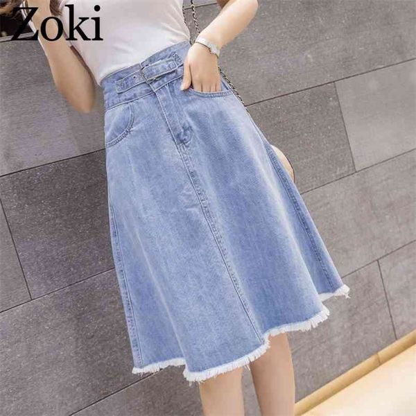 Zoki Sommer Frauen Midi Denim Rock Mode Lässig Quaste A-line Harajuku Weibliche Hellblaue Jeans Elegante Tasche Moda Mujer 210708