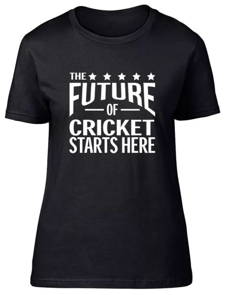 

The future of Cricket Starts Here Fitted Womens Ladies T Shirt, White;black