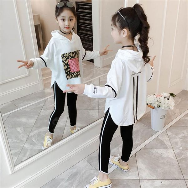

spring girls clothing sets casual sport t shirt hoodie pants 2pcs kids child clothes suits cotton tracksuits, White