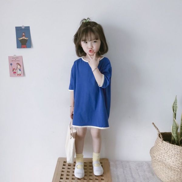 

2021 summer new girl cotton long loose crew neck solid dress, Red;yellow