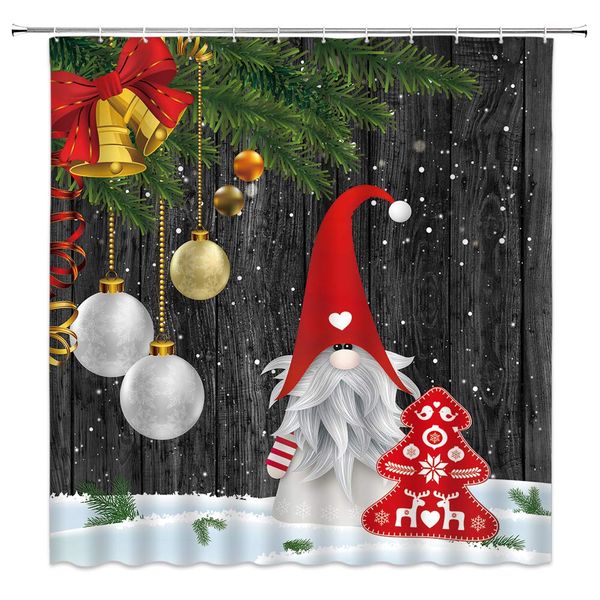 

merry christmas shower curtain cute christmas dwarf christmas ball ribbon snow scene wood plank background decor,fabric bathroom