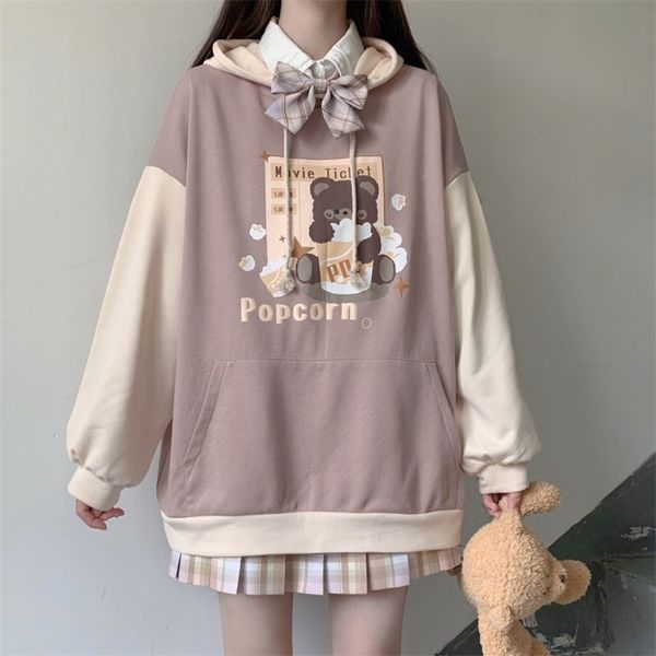 Hoodies japoneses de outono e inverno para adolescentes meninas estudante kawaii lolita hoodie cor combinando tendência gótica solta 210803