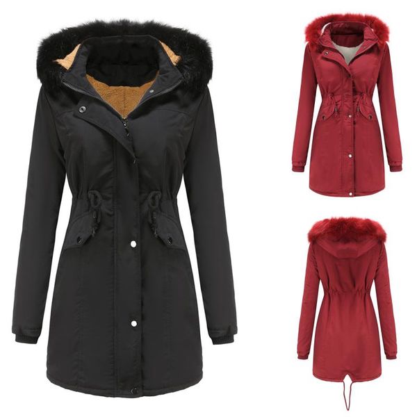 

women's wool & blends coats parkas casual thick outwear hooded fleece jackets warm faux-fur lined trench winter overcoat, Black