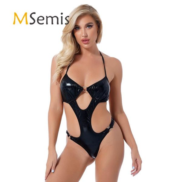 

one-piece suits women'sswimsuit swimwear halter lace-up cutout patent leather bodysuit nightwear wet look sunbathing clothes