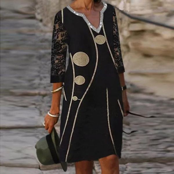 

casual dresses autumn vintage floral printed party dress elegant v-neck lace 3/4 sleeve a-line midi women loose lady fashion, Black;gray
