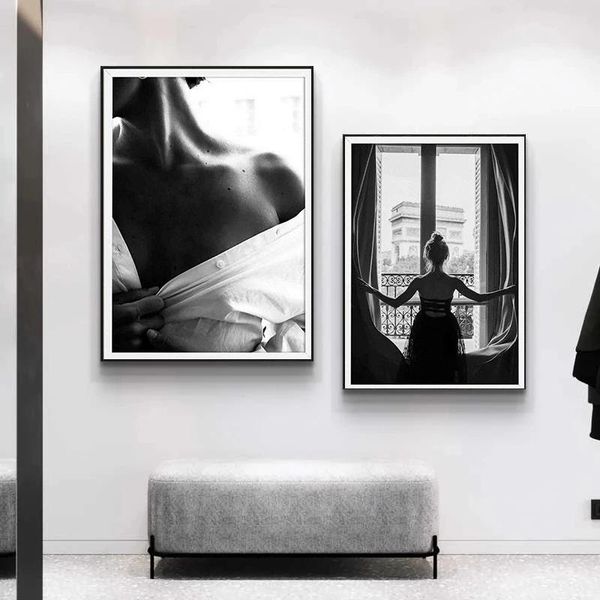 

paintings black and white window girl nordic canvas painting fashion beautiful woman posters wall art pictures living room home decor