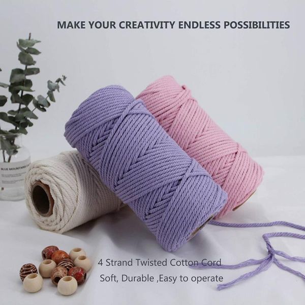 

4mm cotton cord colorful macrame rope beige twisted craft string diy wedding home textile decorative supply 100m yarn, Black;white