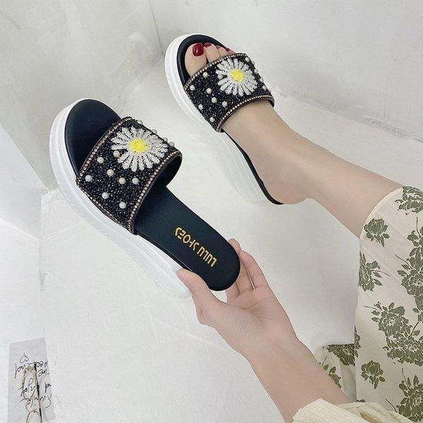 

ladies crystal shoes with platform thick bottom open toe slides high heels slippers summer outdoor plus size 34-39 gold silver, Black