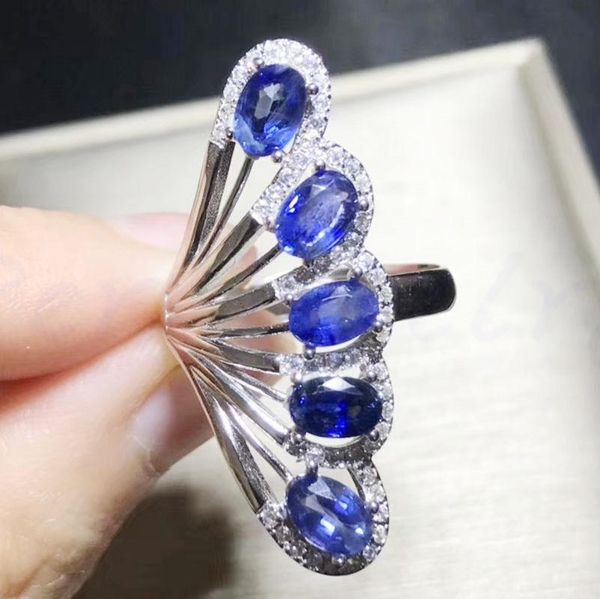 

cluster rings per jewelry natural real blue sapphire big flower ring 0.6ct*5pcs gemstone 925 sterling silver t2041526, Golden;silver