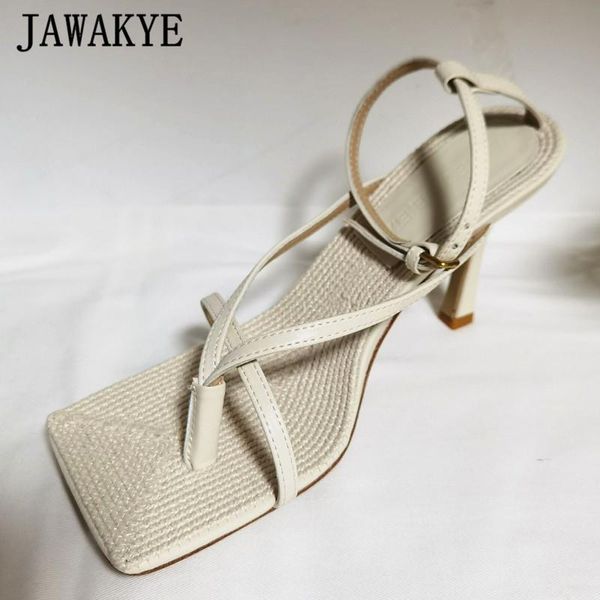 

chic woven insole women sandals runway square flipflop toe high heels party shoes narrow band ankle strap dress stilettos, Black