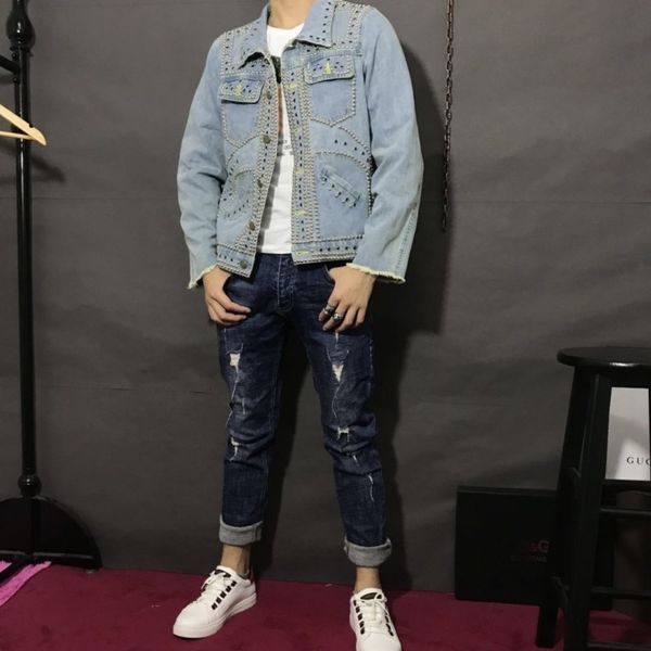 

men's jackets punk personality denim male jacket autumn rivets washed single breasted jean hip hop street-style loose blue light outerw, Black;brown