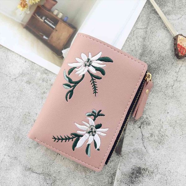 

embroidery flower women wallets and purse cute students zipper wallet small leather card holder coin money bag, Red;black
