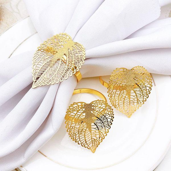 

napkin rings 24pcs/lot golden leaf ring metal hollow buckle holiday party table decoration