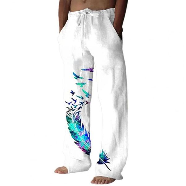 

men's pants men loose feather print pockets vintage mid waist casual jogger male long trousers fitness sports, Black