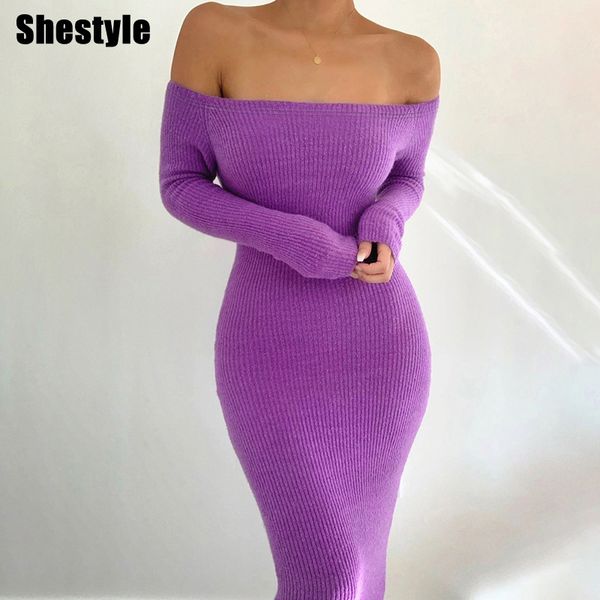 

shestyle slash neck 3 color long dress women 2021 spring new arrivals popular off shoulder bodycon purple pencil dressesb, Black;white