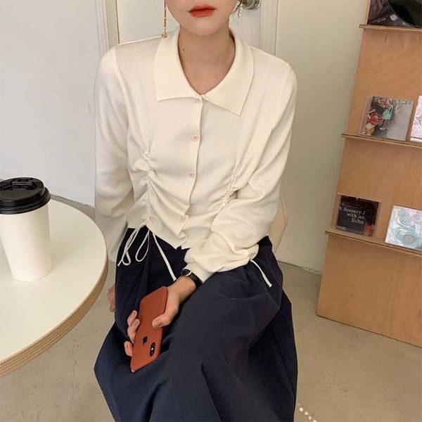 

solid vintage drawstring design turn down collar knit + dark elastic skirt suit two piece outfits for women 210615, White