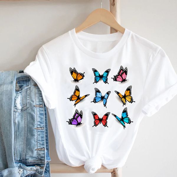 

nine color butterfly pattern women is fashion words 3d printing short slim t-shirt summer casual round neck short short sleeve t-shirt, White