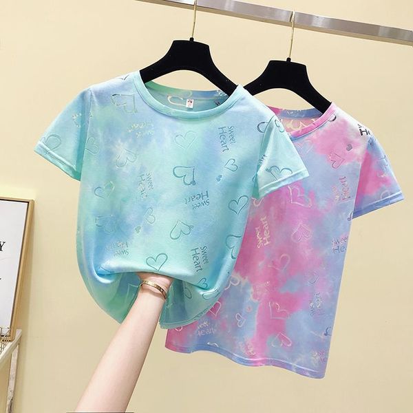 

women's t-shirt summer korean commuter round neck tie-dye printing short-sleeved style thin loose female shirts de434, White