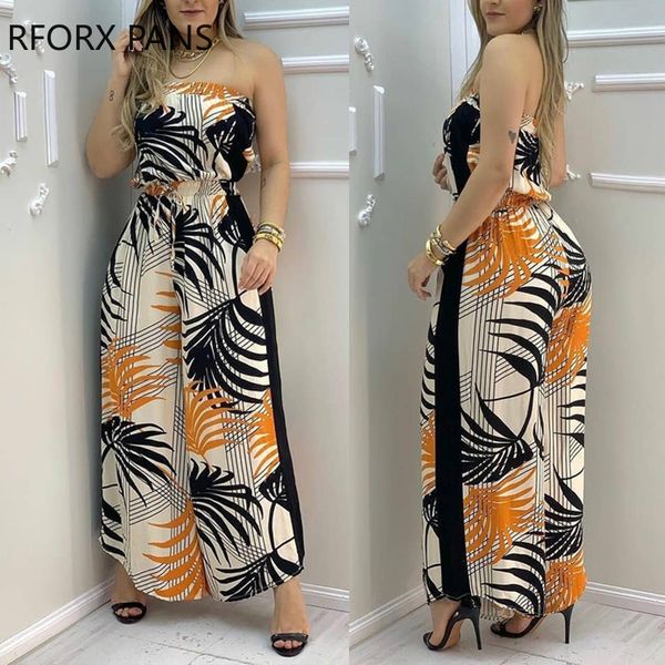 

women clothes tropical print bandeau wide leg jumpsuit casual look for women 2021, Black;white